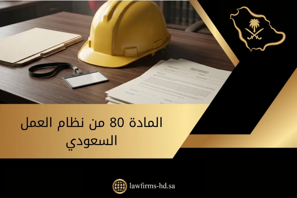 خوذة عمل صفراء موضوعة على مكتب بجانب مستندات قانونية مكتوب عليها المادة 80 من نظام العمل السعودي