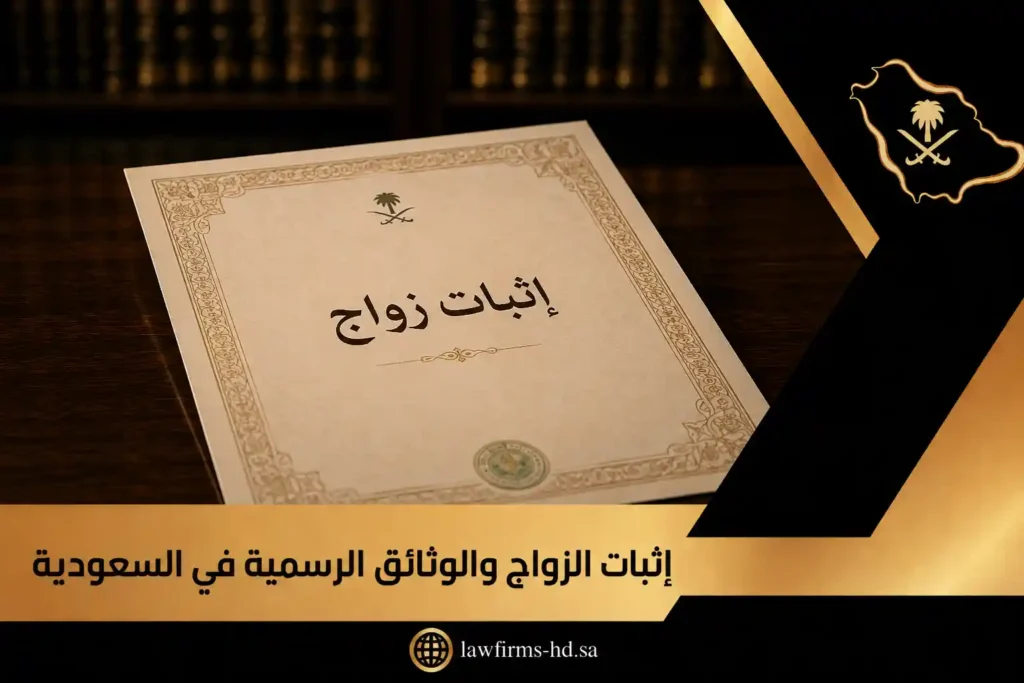 وثيقة إثبات زواج رسمية في السعودية مع شعار المملكة وتصميم قانوني توضيحي لموضوع توثيق الزواج.